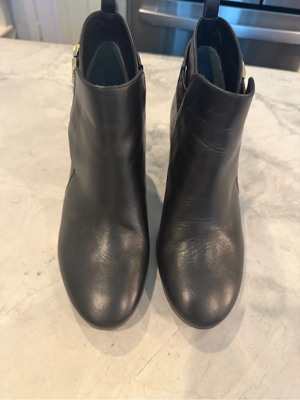 Tory Burch Black Leather Ankle Strap Logo Bootie silver hardware size 7